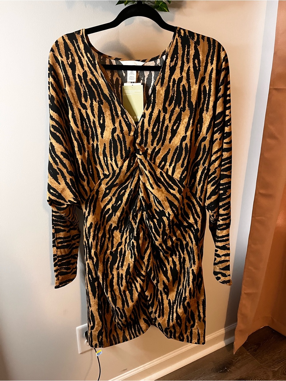 H&M Long Sleeve Animal Print Twist-Front Dress - Black & Tan